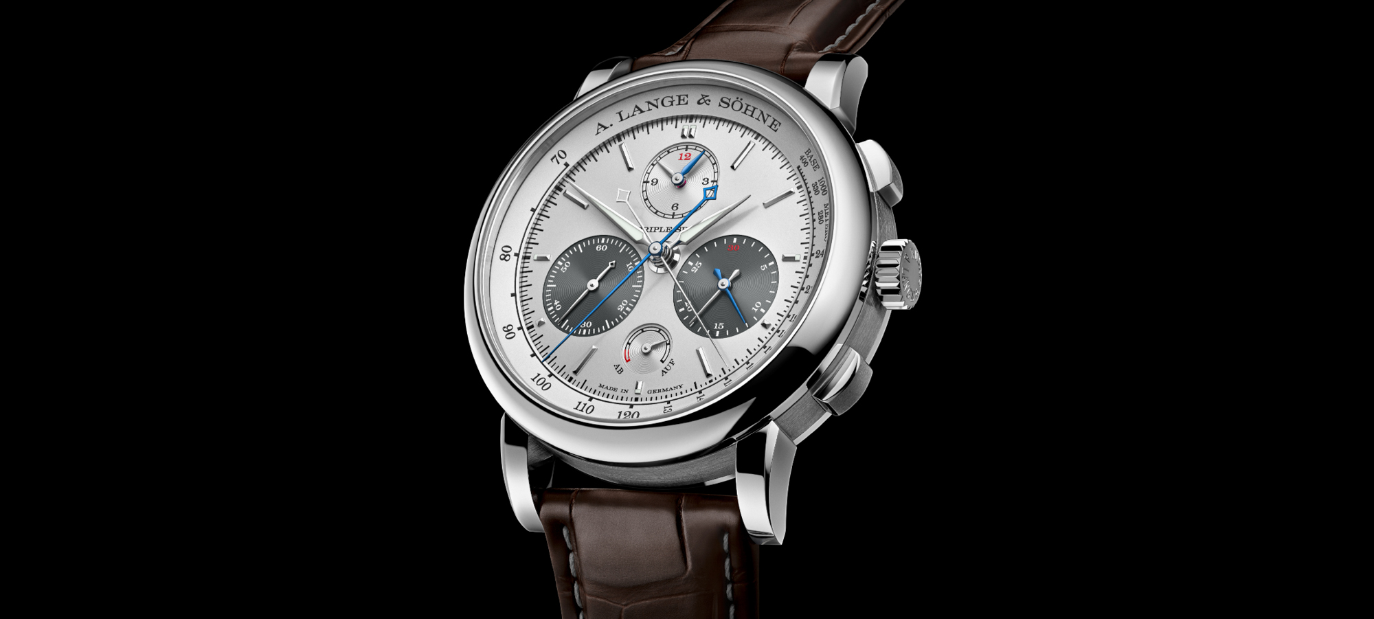 A. Lange & Söhne Triple Split Chronographe Platine avec cadran rhodié et bracelet en alligator brun