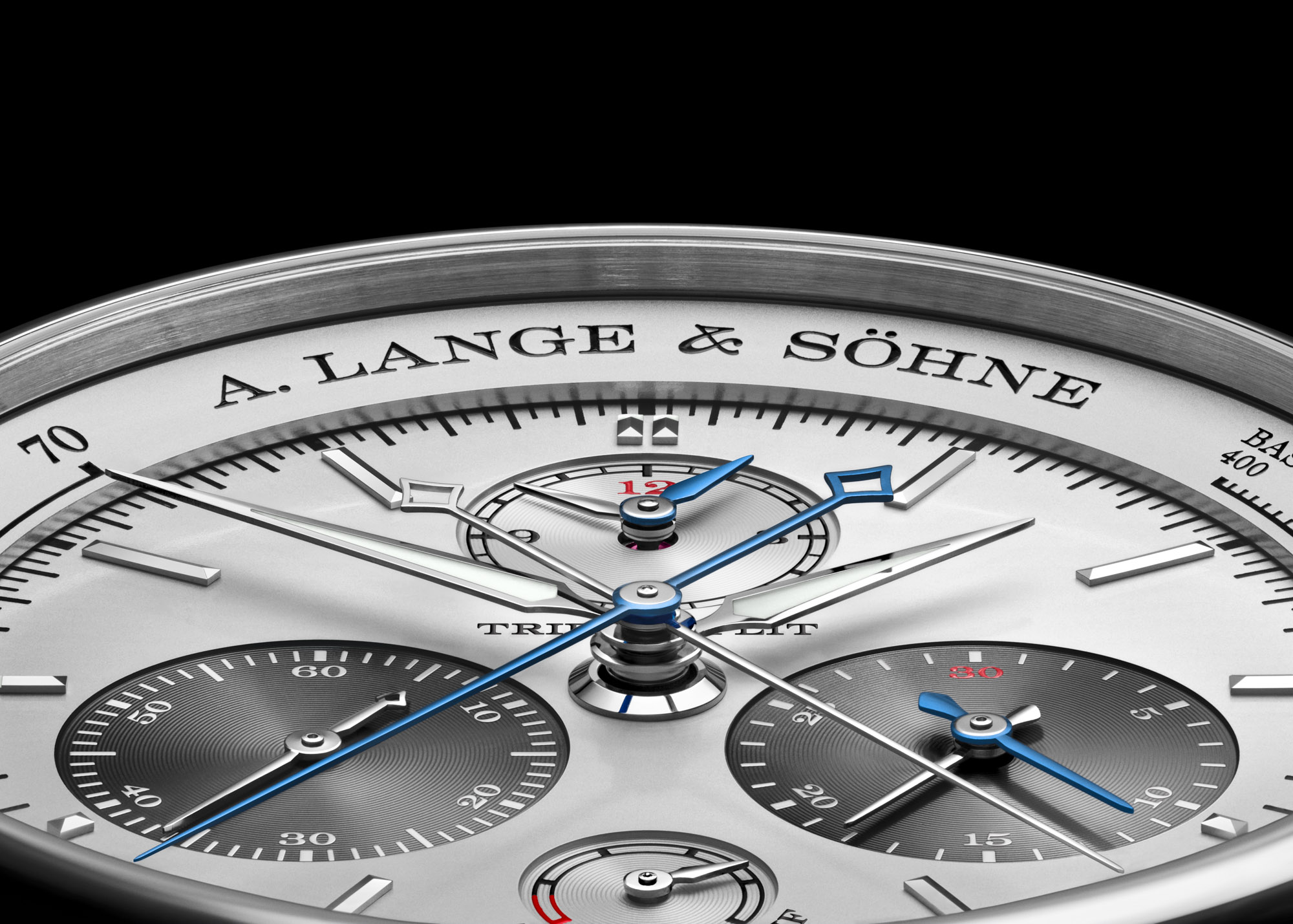 Gros plan du boîtier et des poussoirs de la A. Lange & Söhne Triple Split platine