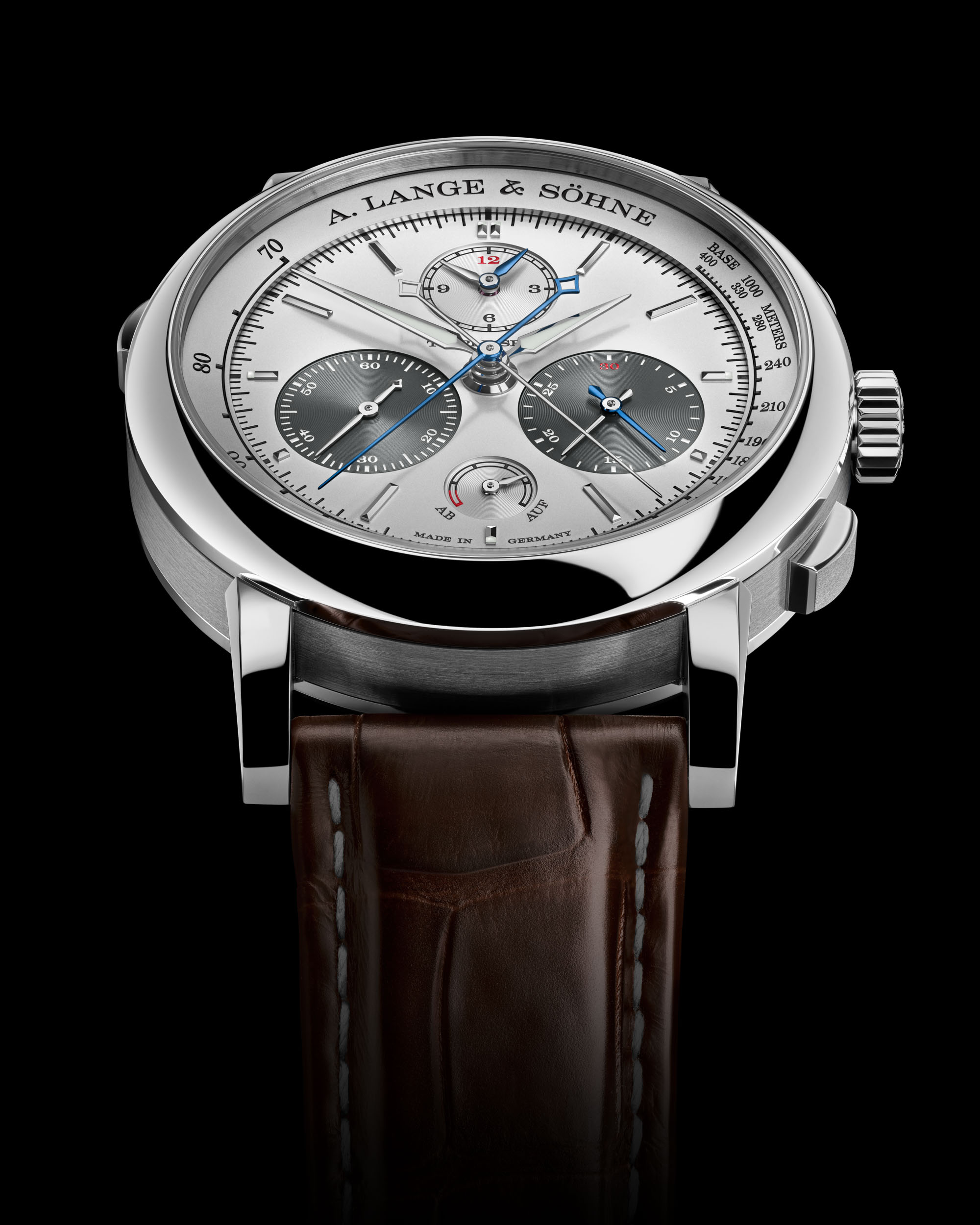 Cadran de la A. Lange & Söhne Triple Split platine avec compteurs et indicateur de réserve de marche