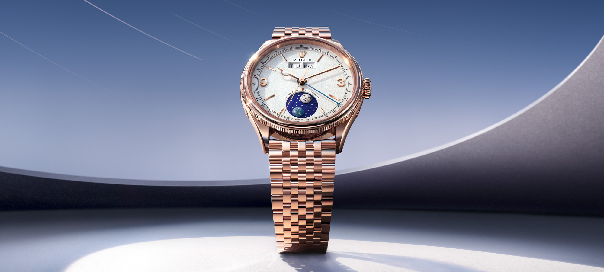 Montre Rolex Perpetual Padellone à calendrier annuel en or Everose avec cadran blanc